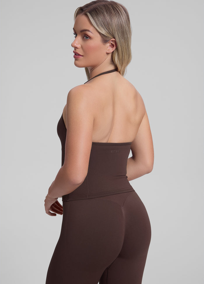 Ultrasculpt Longline Halterneck Form-Fitting Built-in Bra Twill Knit Tank Top