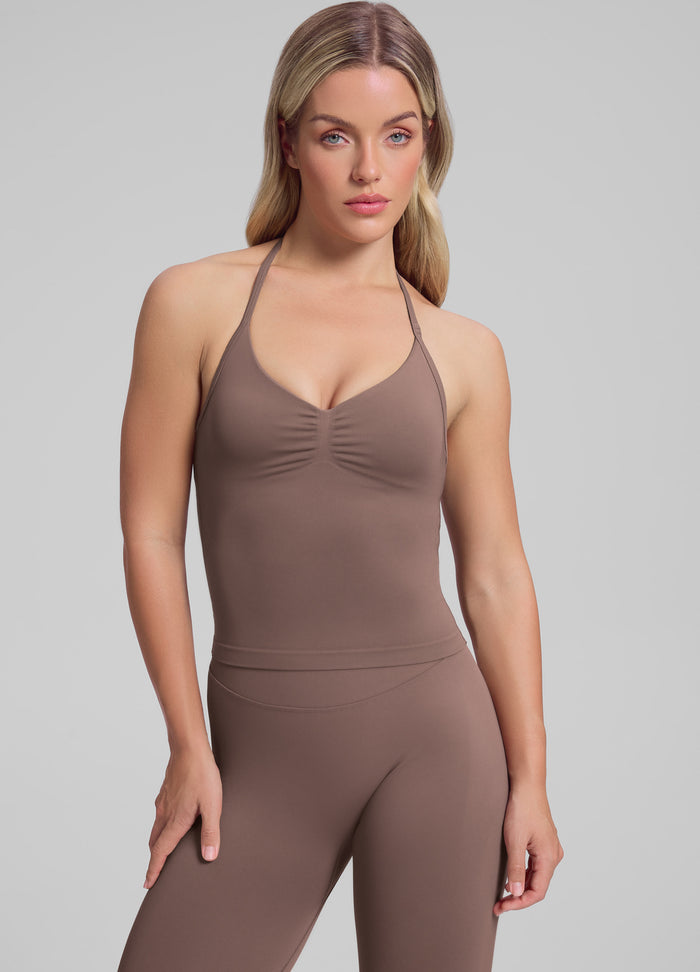 Ultrasculpt Longline Halterneck Form-Fitting Built-in Bra Twill Knit Tank Top