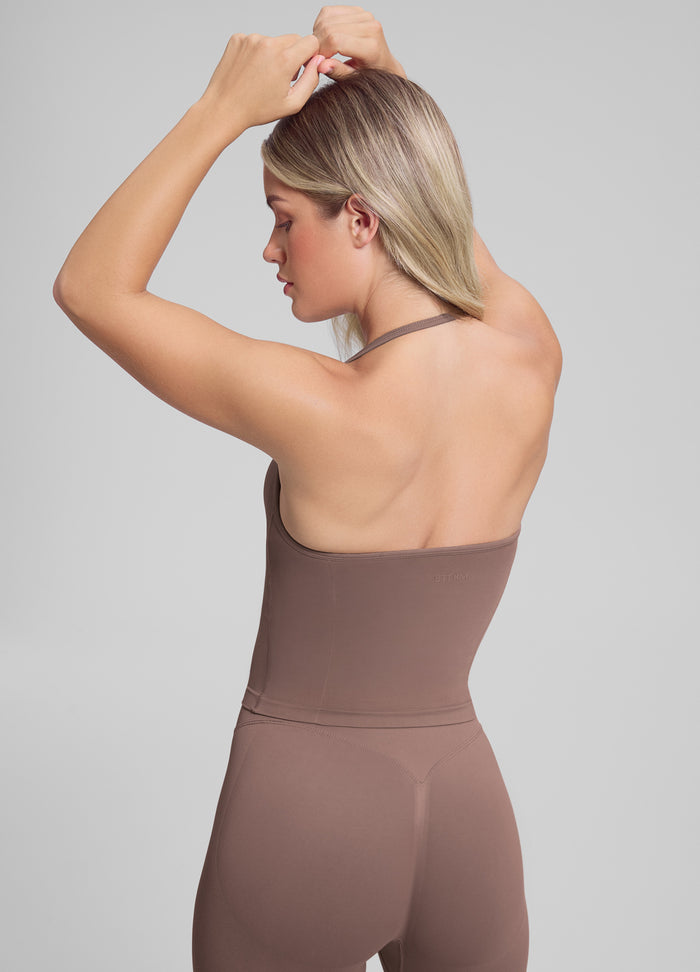 Ultrasculpt Longline Halterneck Form-Fitting Built-in Bra Twill Knit Tank Top