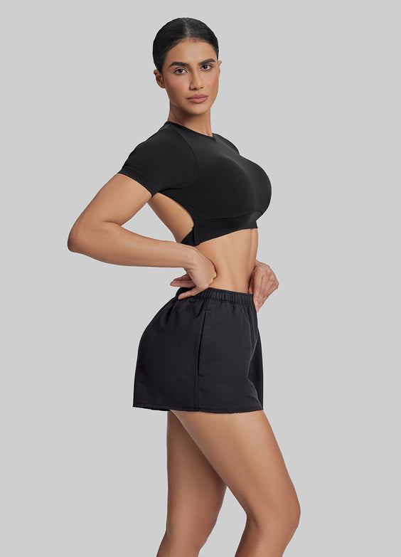 Short moelleux en jersey French Terry à taille élastique, longueur mi-cuisse