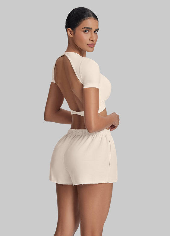 Short moelleux en jersey French Terry à taille élastique, longueur mi-cuisse