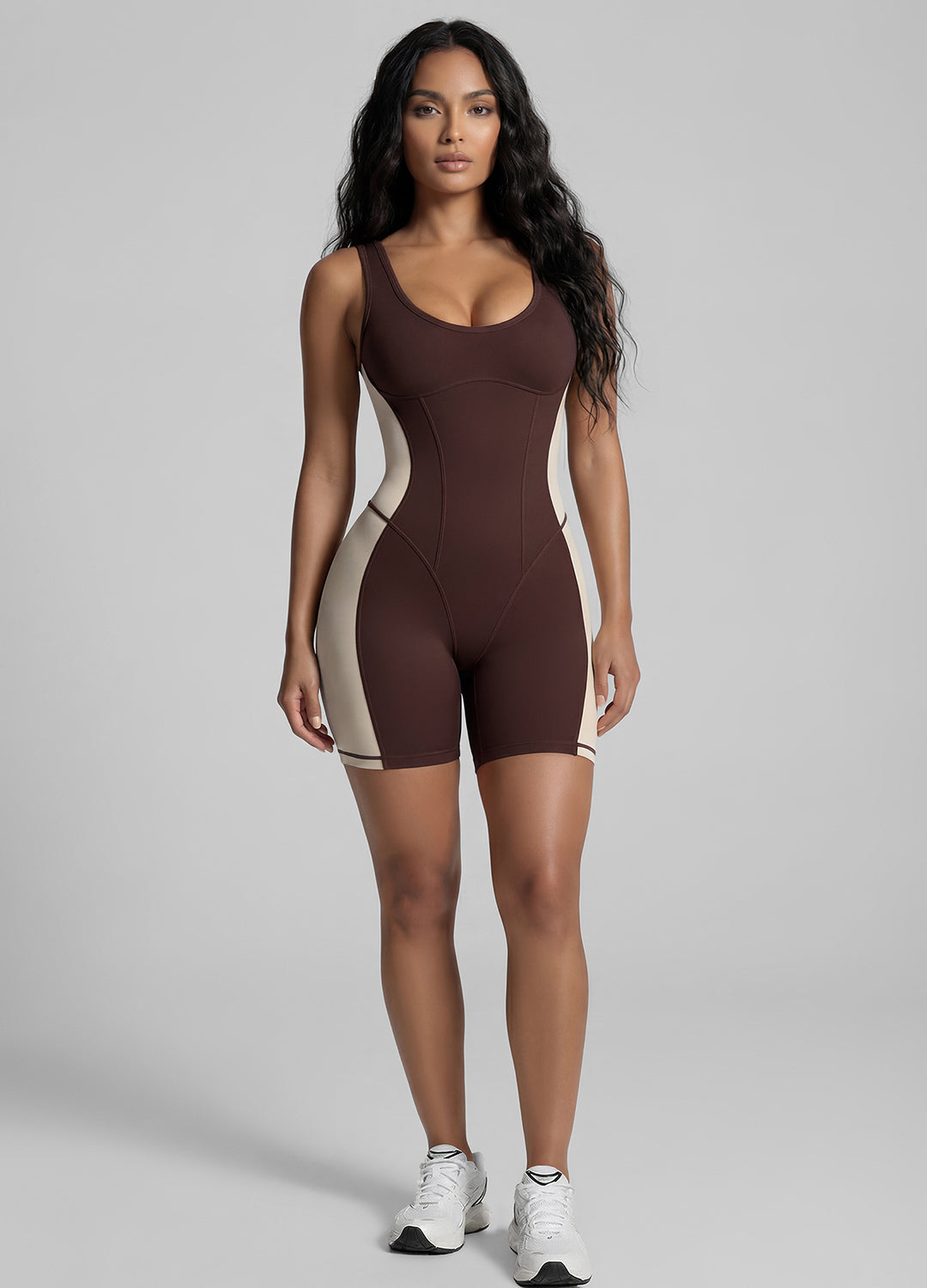 Form-Fitting Open Back Shorts Catsuit Catsuit (Color: Chocolate