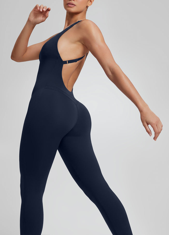 Form-Fitting Full Length Crossback Built-in Bra Sweat-Wicking Bodysuit