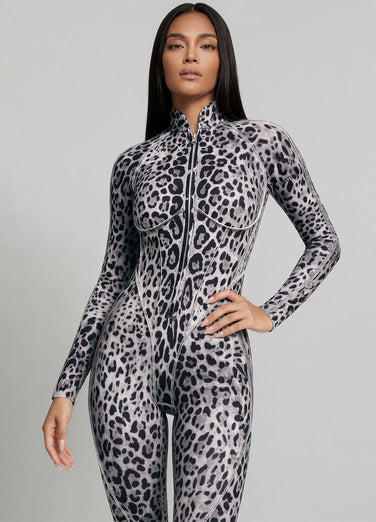Catsuit a Schiena Chiusa Leoparata Neve