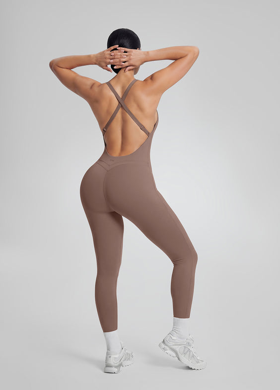 Form-Fitting Full Length Crossback Built-in Bra Sweat-Wicking Bodysuit