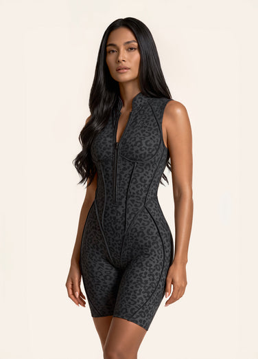 Black Leopard Closed-Back Sleeveless Shorts Catsuit