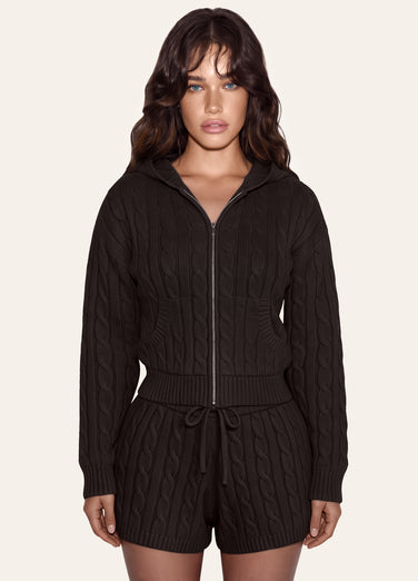 Strickjacke mit Reißverschluss, Kapuze und Zopfmuster