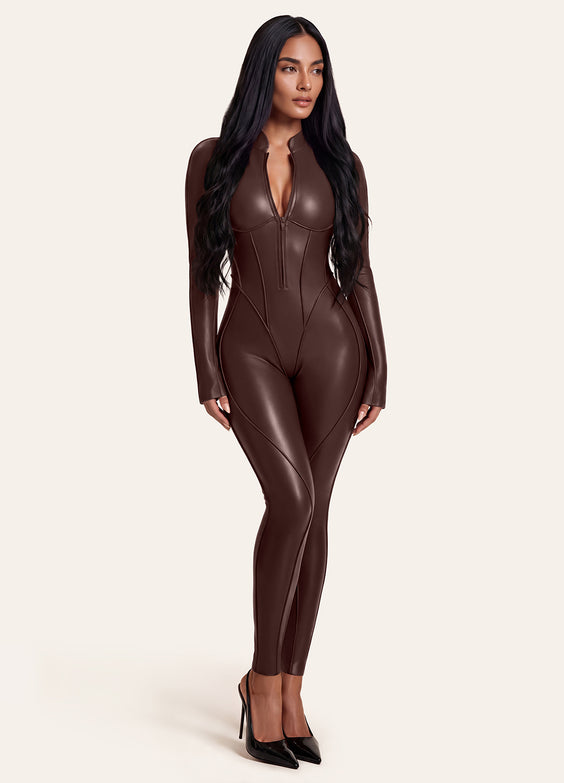 Faux Leather Closed-Back Catsuit