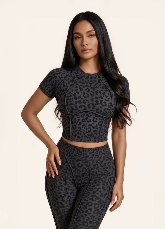 Black Leopard Contour Stitch Crop Top
