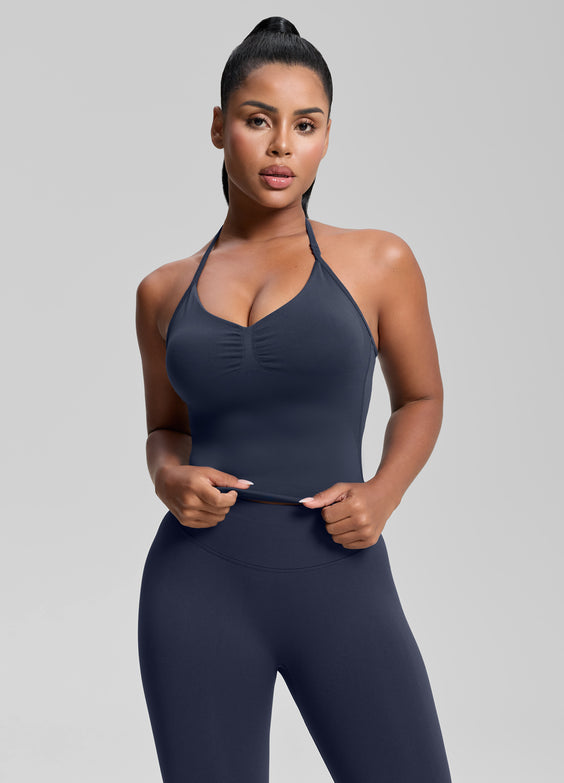 Ultrasculpt Longline Halterneck Form-Fitting Built-in Bra Twill Knit Tank Top