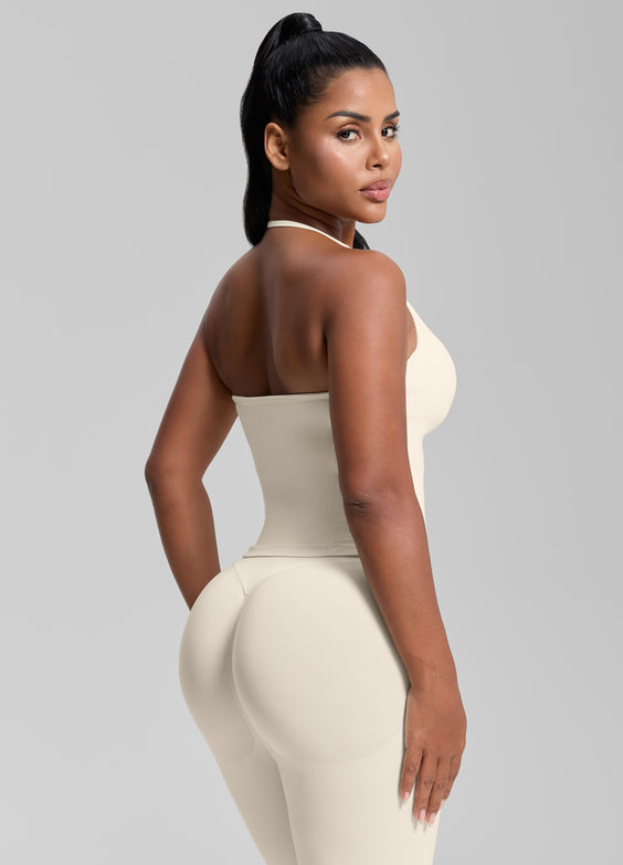 Ultrasculpt Canotta Lunga Aderente in Twill con Reggiseno Incorporato e Scollo all'Americana