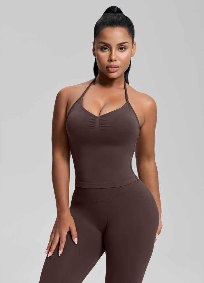 Ultrasculpt Longline Halterneck Form-Fitting Built-in Bra Twill Knit Tank Top