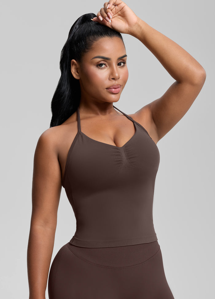 Ultrasculpt Longline Halterneck Form-Fitting Built-in Bra Twill Knit Tank Top
