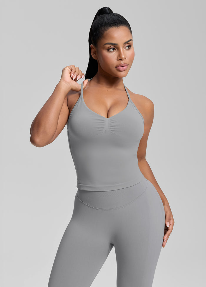 Ultrasculpt Longline Halterneck Form-Fitting Built-in Bra Twill Knit Tank Top