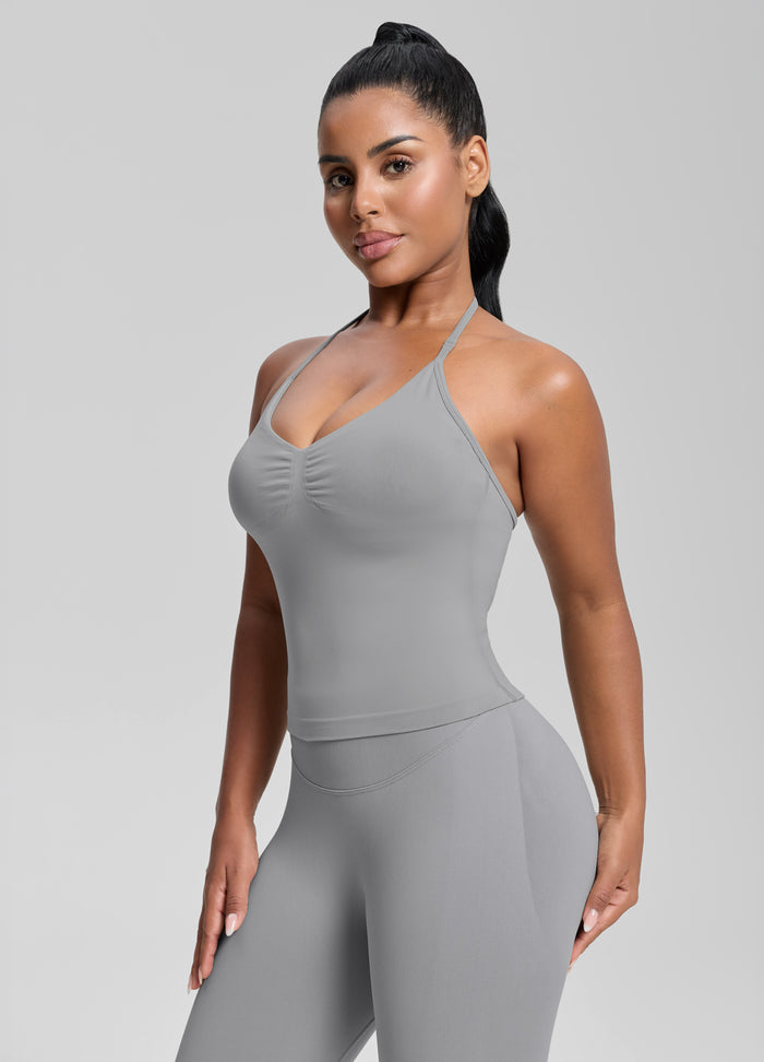 Ultrasculpt Longline Halterneck Form-Fitting Built-in Bra Twill Knit Tank Top