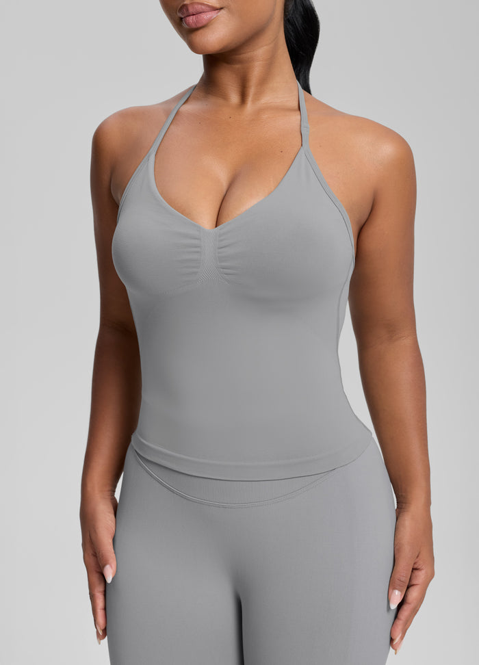 Ultrasculpt Longline Halterneck Form-Fitting Built-in Bra Twill Knit Tank Top