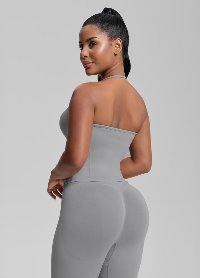 Ultrasculpt Longline Halterneck Form-Fitting Built-in Bra Twill Knit Tank Top