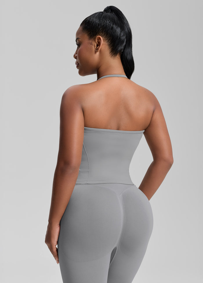 Ultrasculpt Longline Halterneck Form-Fitting Built-in Bra Twill Knit Tank Top