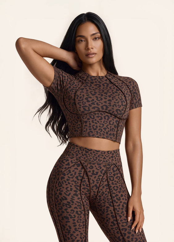 Chocolate Leopard Contour Stitch Crop Top