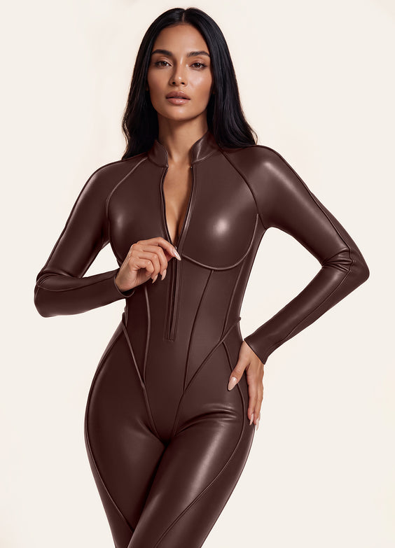 Faux Leather Closed-Back Catsuit