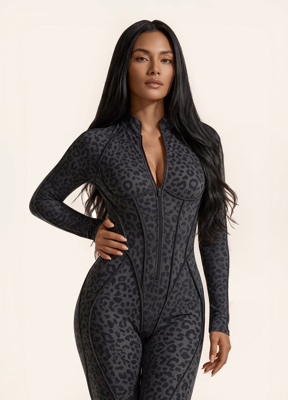 Black Leopard Closed-Back Catsuit