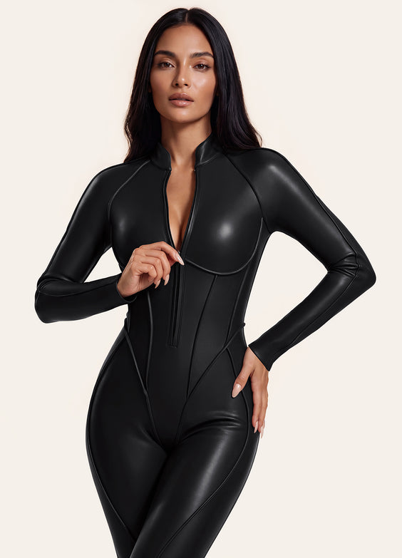Faux Leather Closed-Back Catsuit