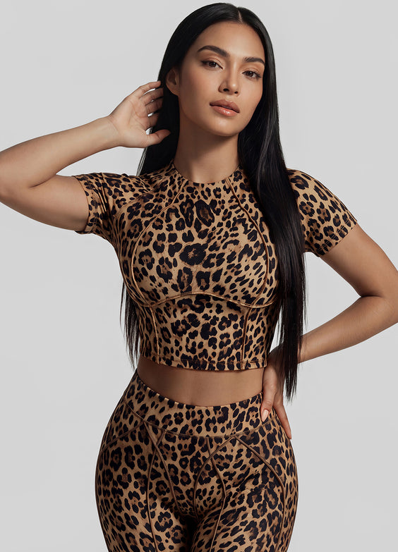 Golden Leopard Contour Stitch Crop Top