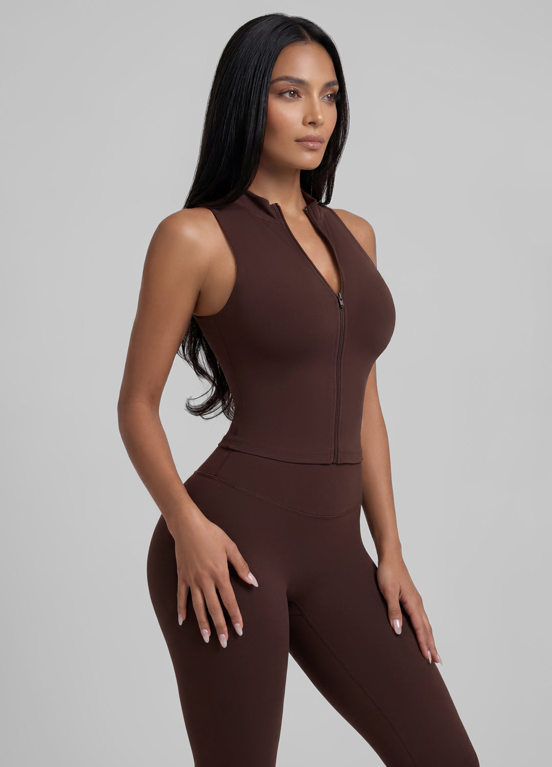 Sculpt Zip Crop Vest (Color: Chocolate) | BetterMe Store
