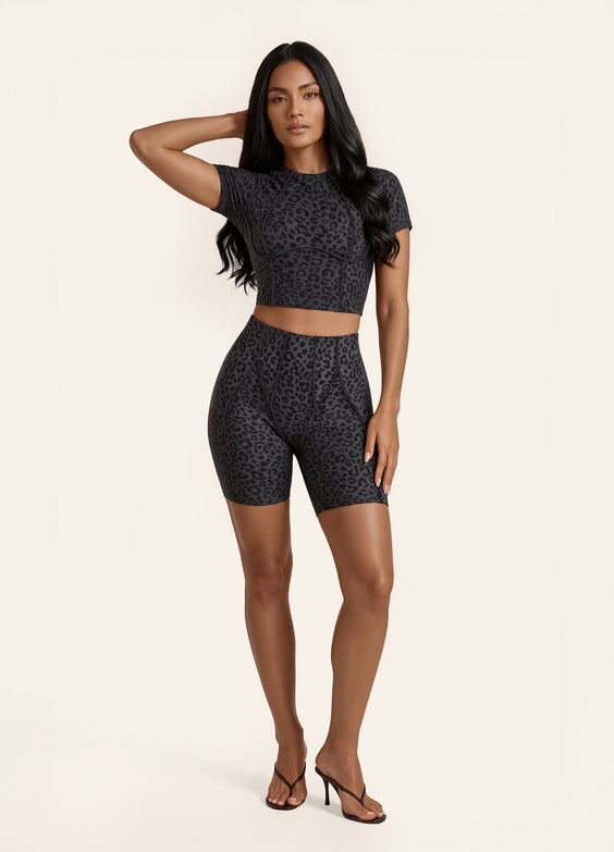 Black Leopard Contour Stitch Micro Shorts
