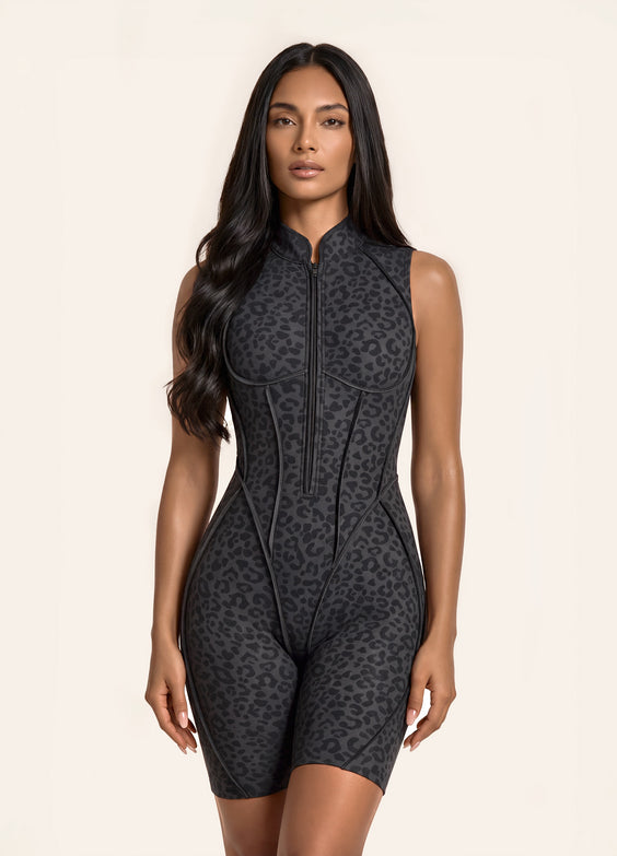 Black Leopard Closed-Back Sleeveless Shorts Catsuit