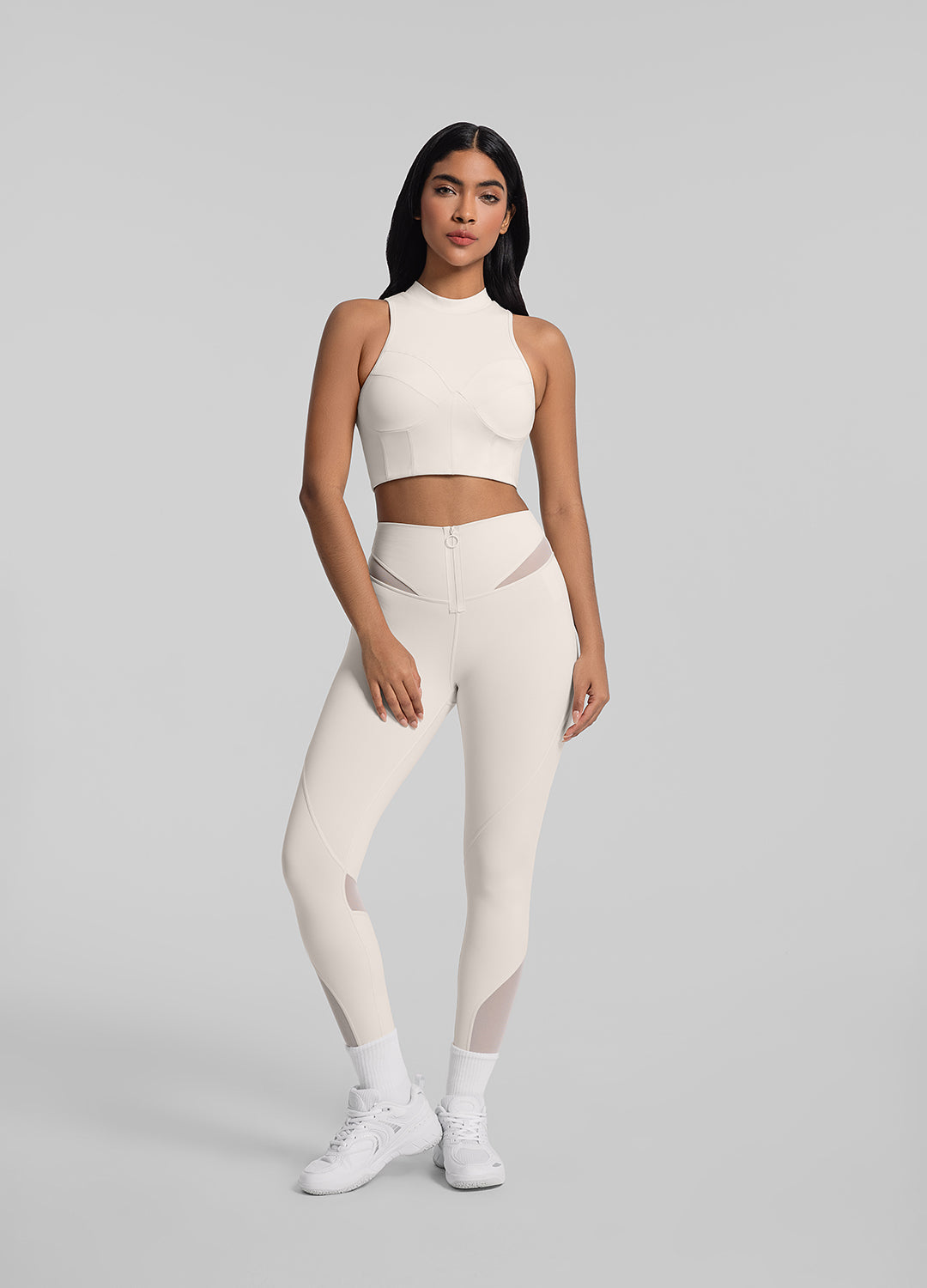 Zip Front Mesh Leggings (Color: Ivory) | BetterMe Store