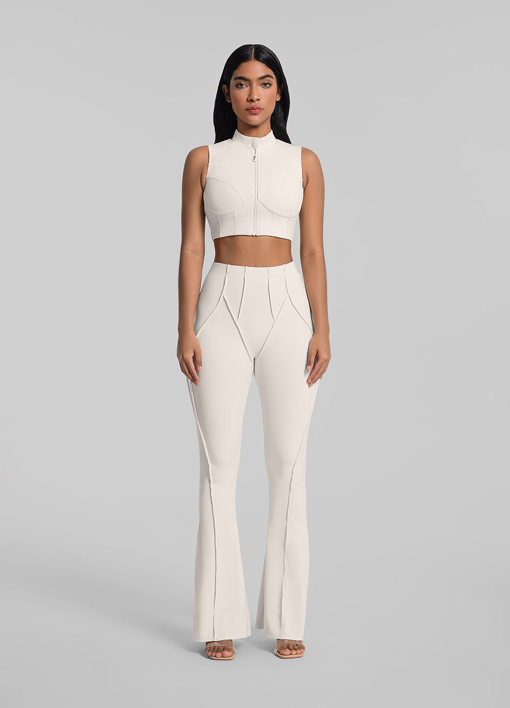 Crop Top Flare Out Leggings Longline Flare Leggings (Color: Ivory