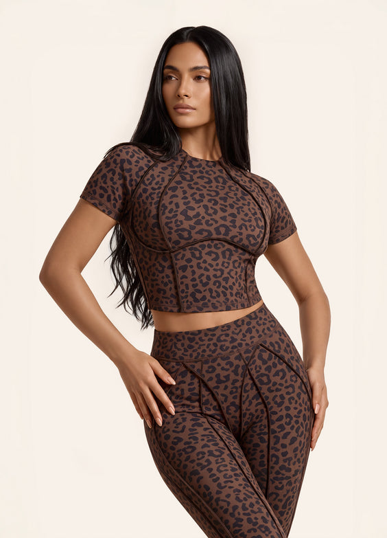 Chocolate Leopard Contour Stitch Crop Top