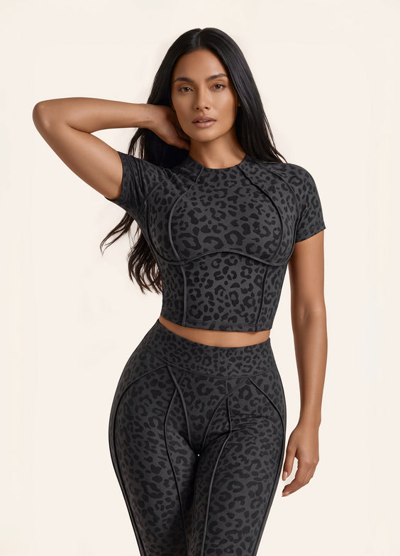 Black Leopard Contour Stitch Crop Top