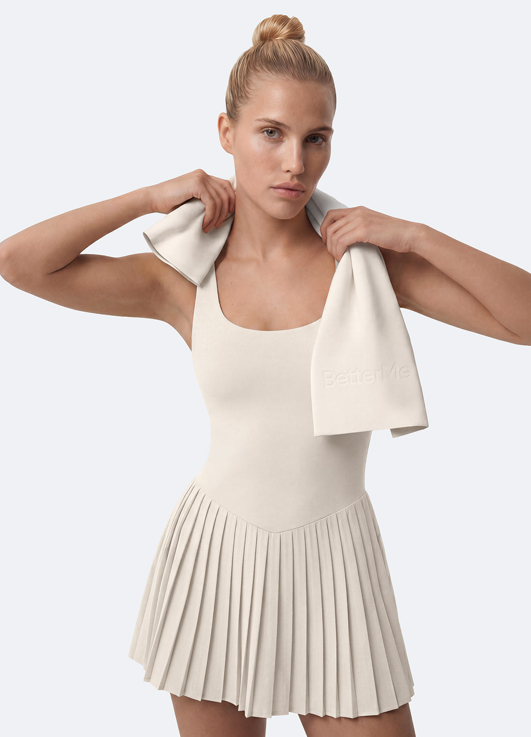 BetterMe Women's Open-Back Pleated Tennis Dress, Ivory, Size 2XL, Open-Back, Pleated Skirt, Tennis & Studio Dress, Sporty Everyday Wear