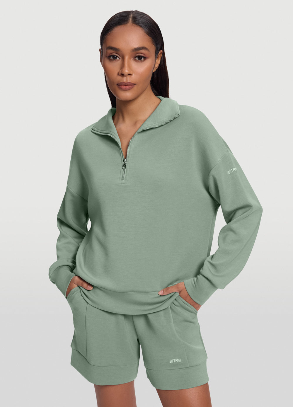 Half-Zip Long Sleeve Sweatshirt (Color: Sage Green) BetterMe Store