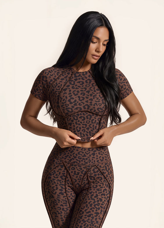 Chocolate Leopard Contour Stitch Crop Top