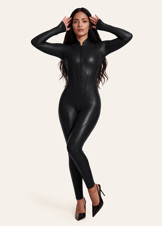 Faux Leather Closed-Back Catsuit