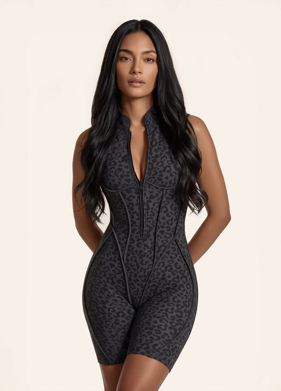 Black Leopard Closed-Back Sleeveless Shorts Catsuit