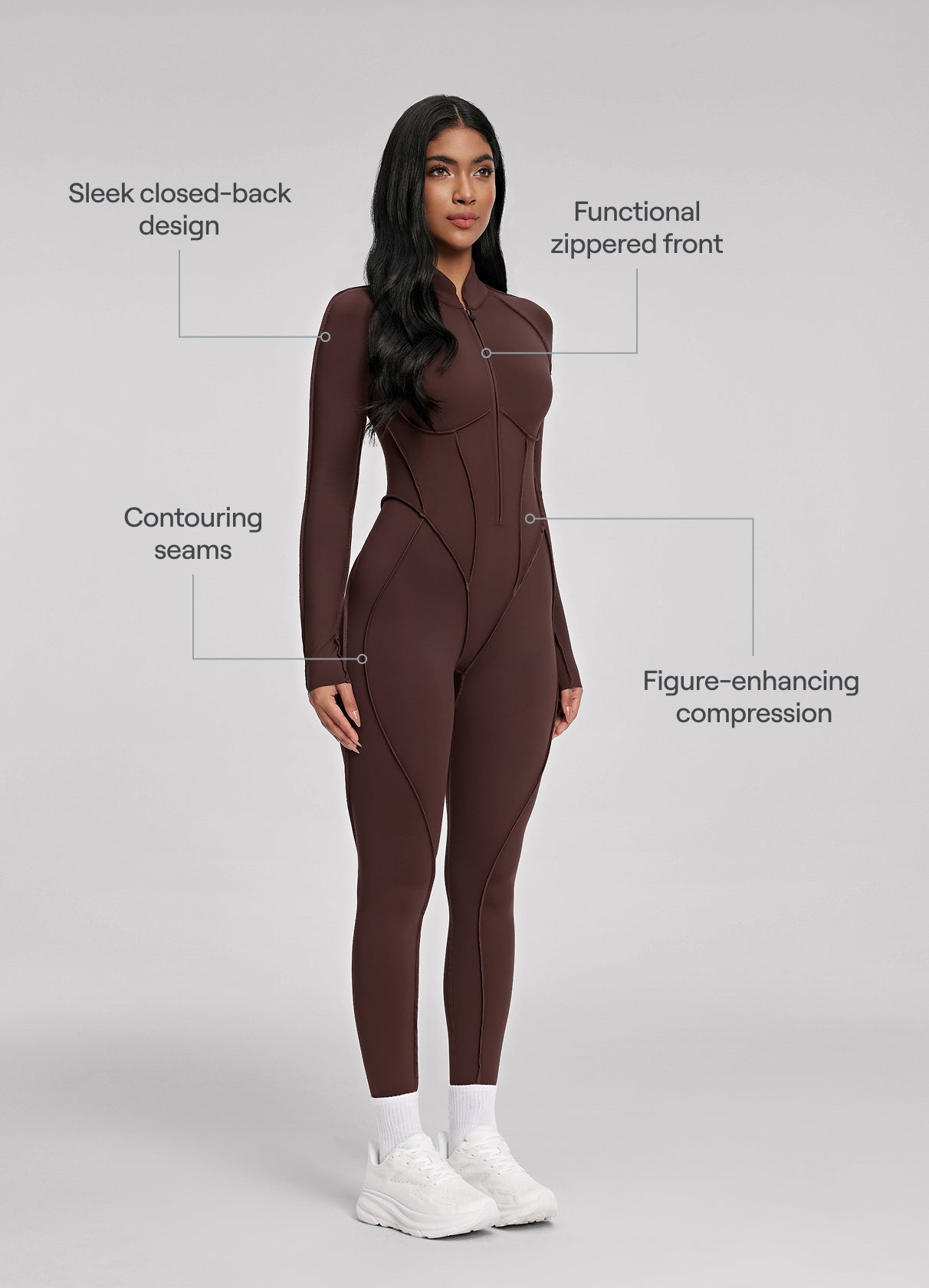 トップス Velours Back open Body suit Closed-Back Catsuit (Color: Chocolate) | BetterMe Store