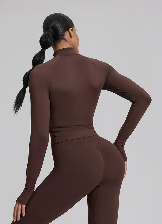 Ultrasculpt Longline Form-Fitting Seamless Thumb Hole Twill Knit Half-Zip Top