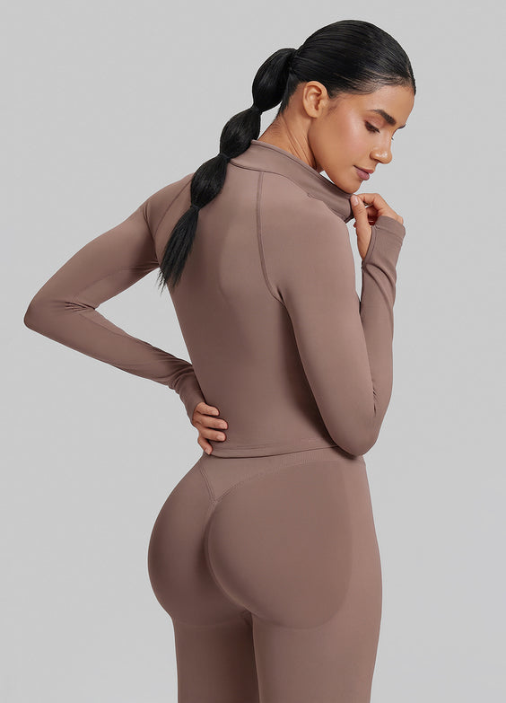 Ultrasculpt Longline Form-Fitting Seamless Thumb Hole Twill Knit Half-Zip Top