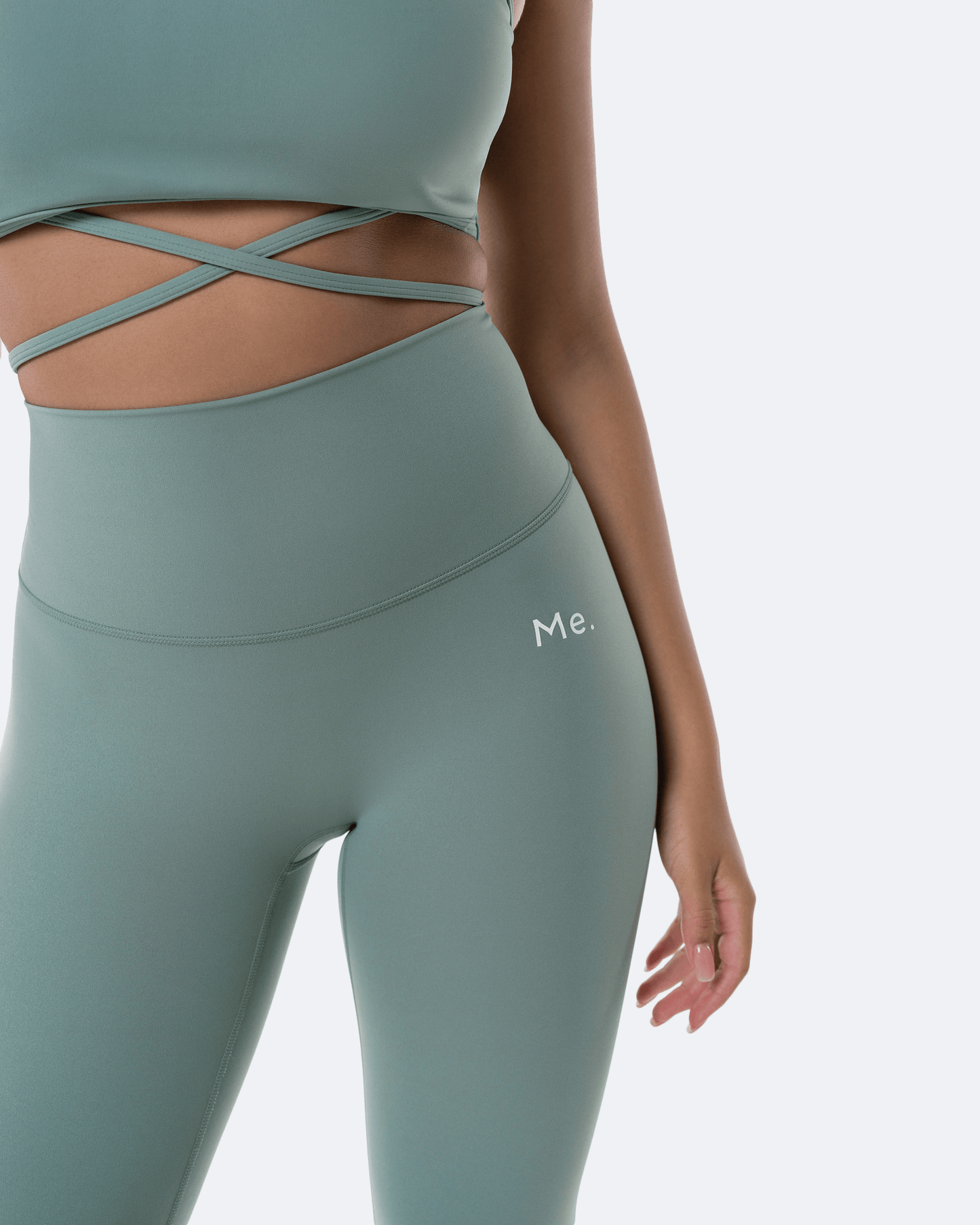 Fresh Green Strappy Front Top and  ⅞ Leggings Sports Set