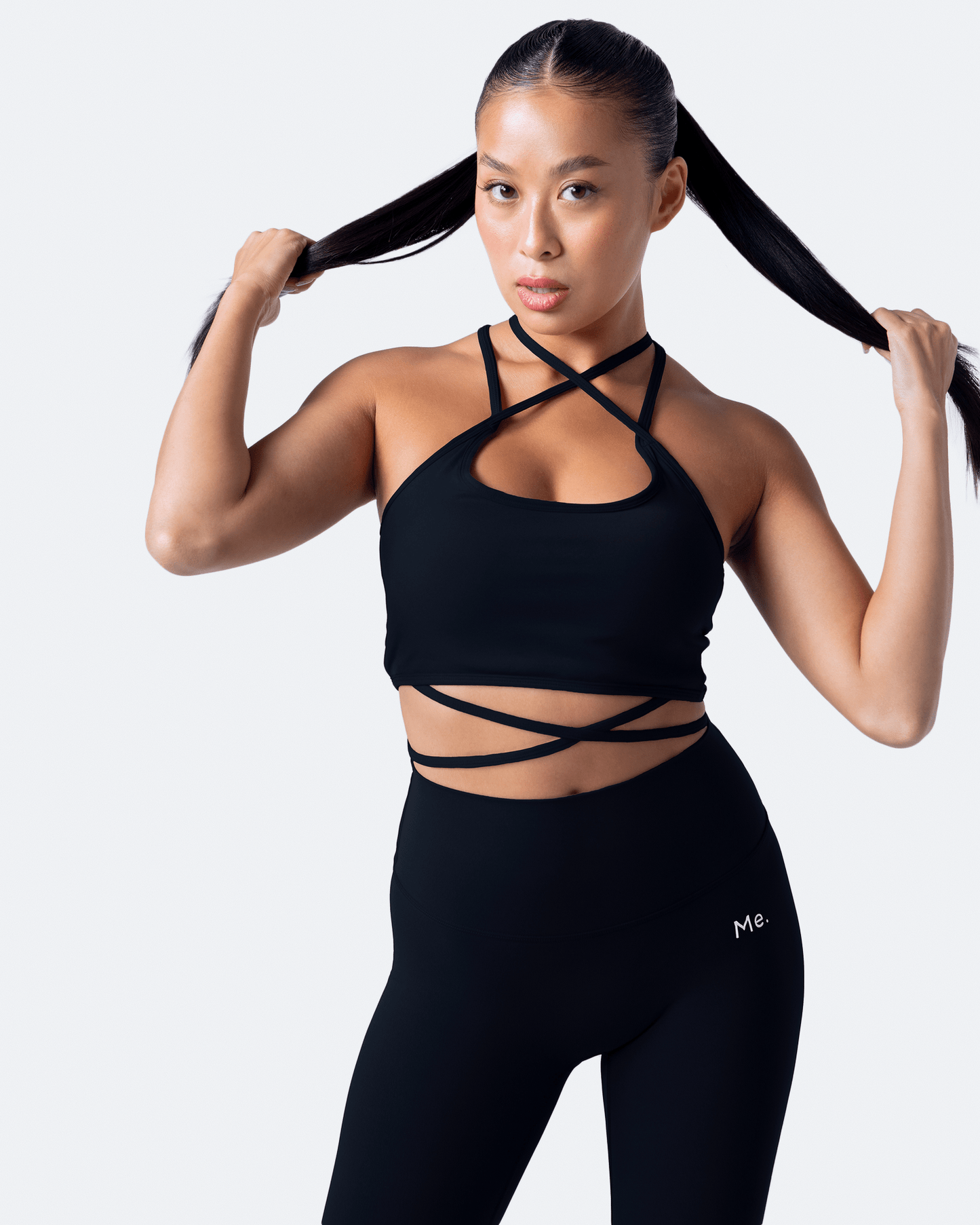 Jet Black Strappy Front Top and  ⅞ Leggings Sports Set