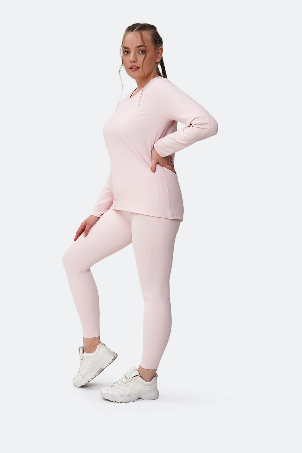 Conjunto de leggings adelgazantes de talle alto y top de manga larga cobertura total en rosa Conjunto de dos piezas de prendas de mujer para el ejercicio y el –